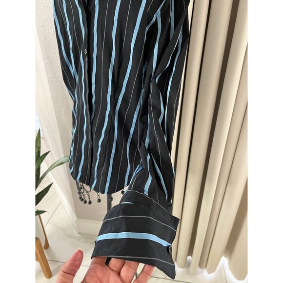 O Shirt Womens Black & Blue Striped Button-Up Shirt Size 14 By Cotton/Polyester - Picture 4 of 12